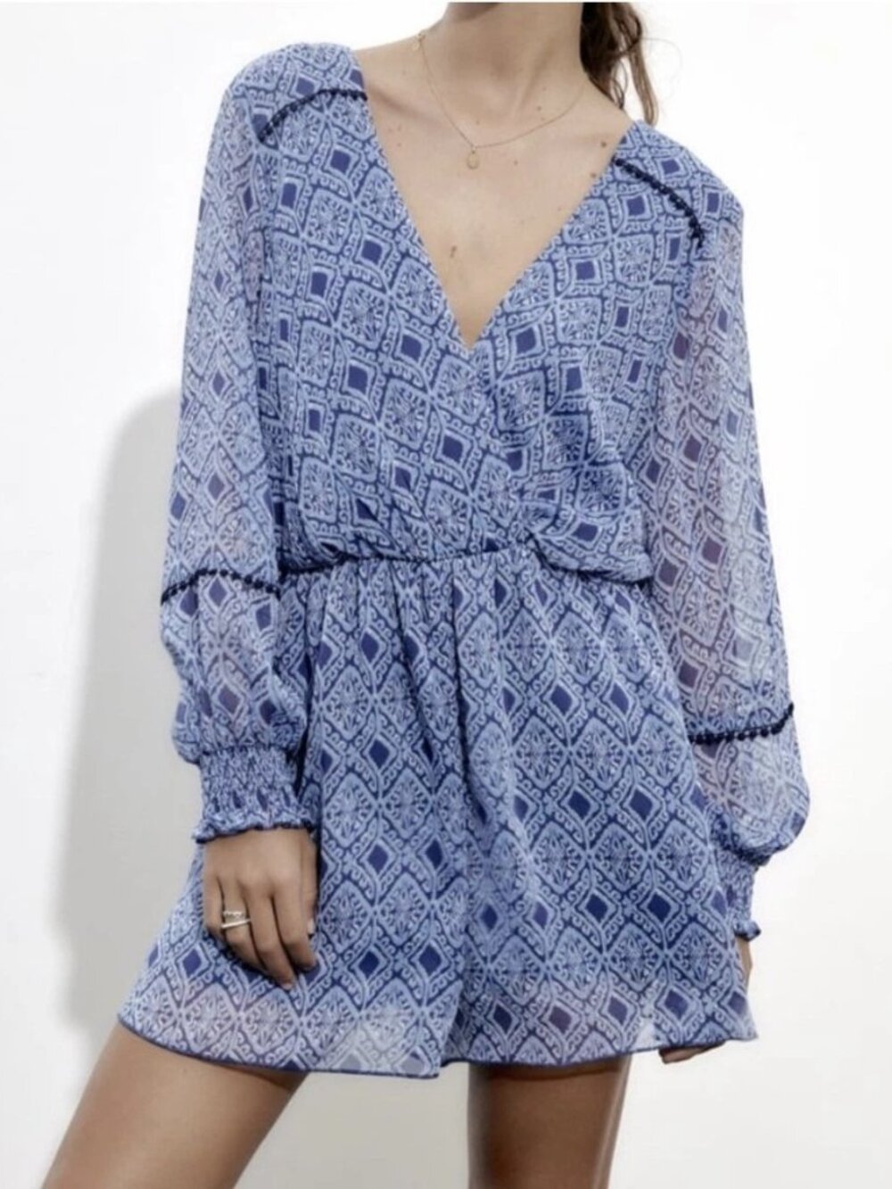 ZARA Blue Chiffon Geometric Lined Romper Sz XS